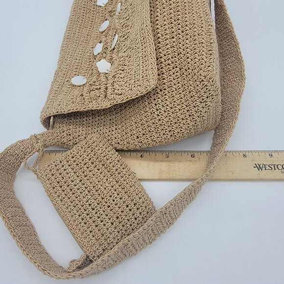 Tan Handbag with Applique Crochet Shoulder Bag Matching Attached Coin Purse - Picture 5 of 12